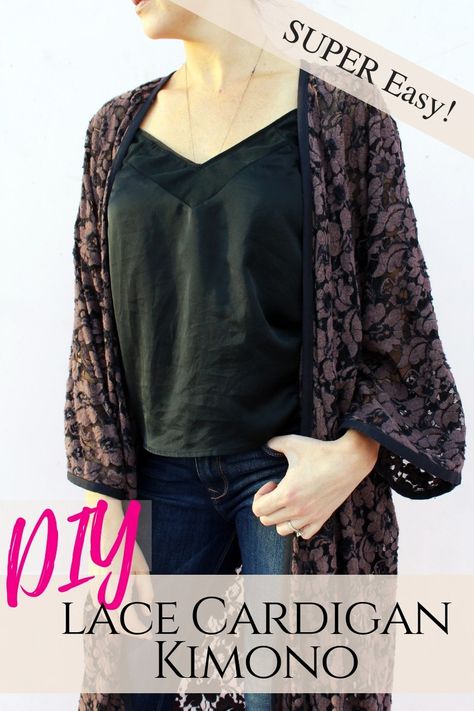 Make a simple DIY Lace Kimono cardigan robe from scratch Diy Cardigan From Fabric, Diy Kimono Cardigan, Diy Clothes Kimono, Kimono Pattern Free, Kimono Cardigan Pattern, Kimono Tutorial, Cardigan Diy, Kimono Sewing, Lace Cardigan Pattern