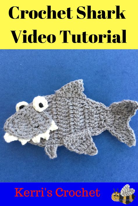 Learn how to make this crochet shark with accessories with my crochet tutorial at Kerri's Crochet. #CrochetTutorial #CrochetShark Shark Applique Pattern Free, Shark Tutorial, 2d Crochet, Shark Applique, Shark Crochet, Crochet Shark, Crochet Grid, Small Shark, Applique Tutorial