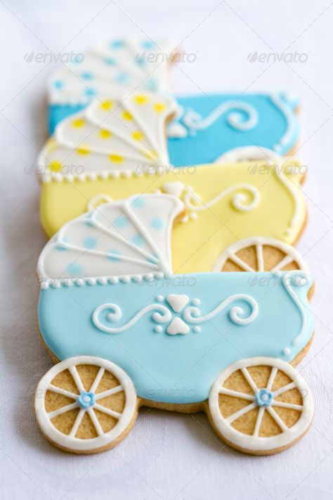 Baby shower cookies. Blue & Yellow baby stroller. Ideas for baby shower sugar cookies decoration. Stock photo. Flowers Cookies, Celebration Cookies, Cookies Cupcake, Decorating Cookies, Shower Cookies, Sugar Cookie Designs, Pretty Cookies, Baby Cookies, Fancy Cookies