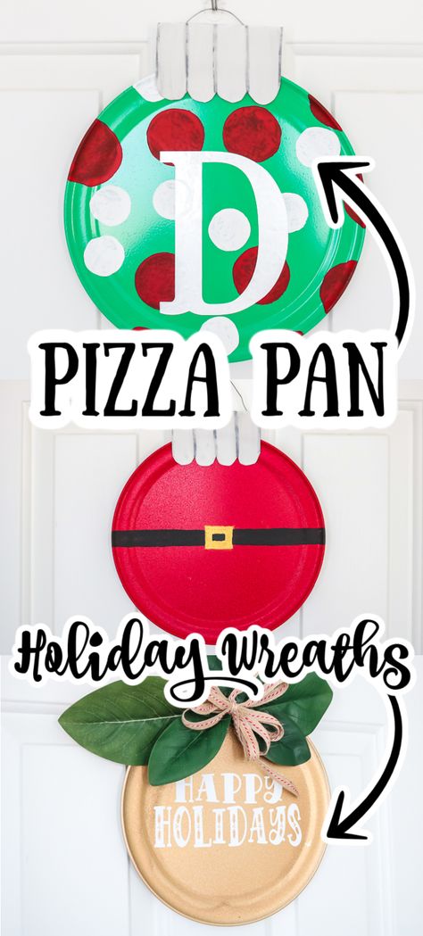 DIY Pizza Pan Wreaths for the Holidays - Angie Holden The Country Chic Cottage Dollar Tree Pizza Pan Crafts, Pizza Pan Signs, Pizza Pan Wreath, Pizza Pan Wreaths, Pizza Pan Crafts, Christmas Pizza, Vinyl Ornaments, Pizza Pans, Diy Pizza