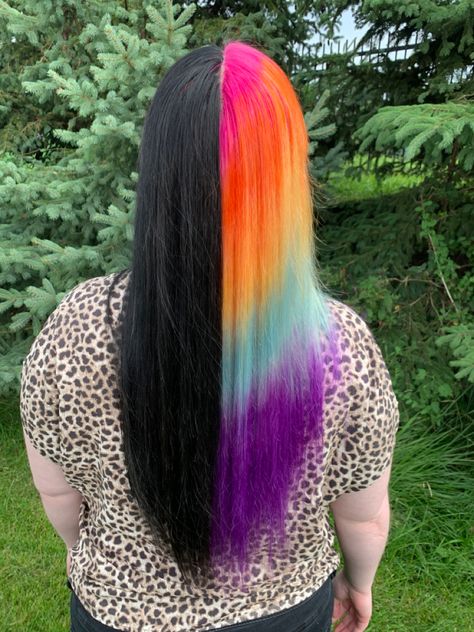 Half black half rainbow hair split dye Split Dyed Hair Black And Rainbow, Half Rainbow Hair, Hair Split Dye, Half And Half Hair, Split Dye, Split Dyed Hair, Drawings Tutorials, Cute Hair Colors, Split Hair