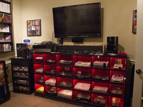 Alter of Awesome.   Sadly I do not know where this originated. I swiped it off of someone's facebook post. Best Gaming Setup, Gamer Girls, Organisation Ideas, Recreational Room, Video Game Rooms, Entertainment Area, Gamer Room, Video Game Room, In The Room