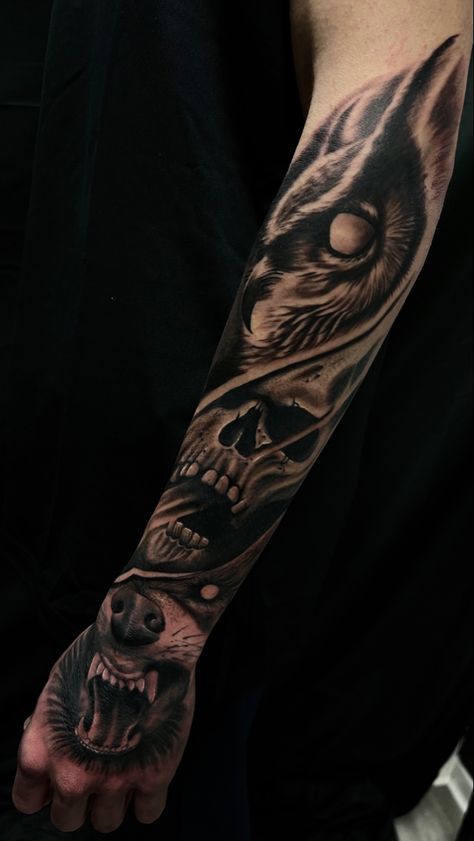 Wolf skull owl tattoo Skull And Owl Tattoo, Aztec Wolf Tattoo, Animal Tattoos For Men Forearm, Wolf And Skull Tattoo, Skull Owl Tattoo, Owl And Skull Tattoo, Wolf Skull Tattoo, Wolf Hand Tattoo, Half Sleeve Tattoos Wolf