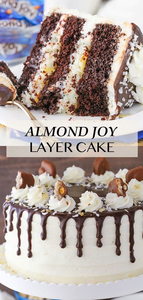 Coconut Almond Cake, Almond Joy Cake, Coconut Filling, Almond Cake Recipe, Coconut Frosting, Coconut Desserts, Almond Joy, Almond Cake, Moist Chocolate Cake