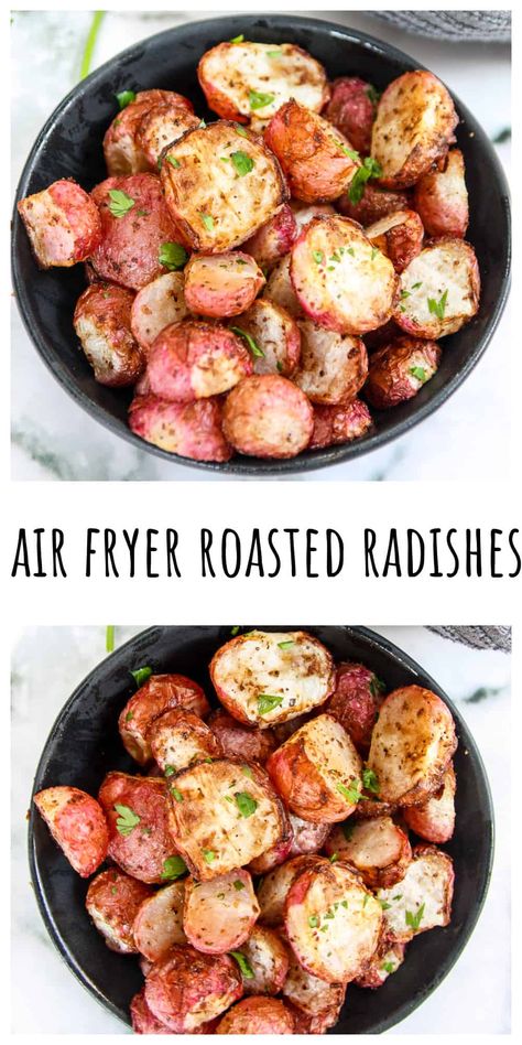 Air fryer radishes are a delicious and healthy, low-carb side dish that is quick and easy to make. This cooking method transforms the taste and texture of radishes into something truly special. Air Fryer Radishes, Watermelon Radish Recipe, How To Cook Radishes, Low Carb Side Dish, Low Carb Side, Roasted Radishes, Radish Recipes, Healthy Low Carb, Low Carb Sides