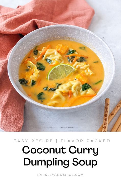 This recipe is a simple throw together meal when you really don't feel like cooking. You will just need one pot to throw everything in. This is a very flavor packed soup with lots of bright colors, and it is so nutritious. Coconut and curry pair well to make a warm and comforting soup. Then just add your favorite frozen dumpling or pot stickers. Frozen food, elevated! Coconut Curry Broth, Potsticker Coconut Soup, Frozen Pot Sticker Soup, Soup With Frozen Dumplings, Thai Curry Dumpling Soup, Easy Thai Red Curry Dumpling Soup, Pot Sticker Soup Easy, Coconut Curry Dumpling Soup, Curry Dumpling Soup