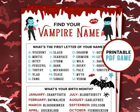 Your Vampire Name, Vampire Name Generator, Vampire Names, Vampire Theme Party, Funny Name Generator, Vampire Party, Halloween Names, Office Halloween, Game Name