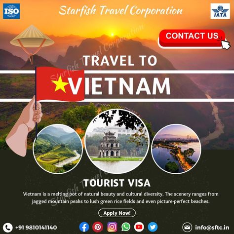 #starfishtravelcorporation #travel #traveling #international #vietnam #asia #documents #process #travelhistory #call #contact #applynow Tourist Visa Poster, Green Rice, Travel Visa, Poster Travel, Cultural Diversity, Lush Green, Picture Perfect, Natural Beauty, Vietnam