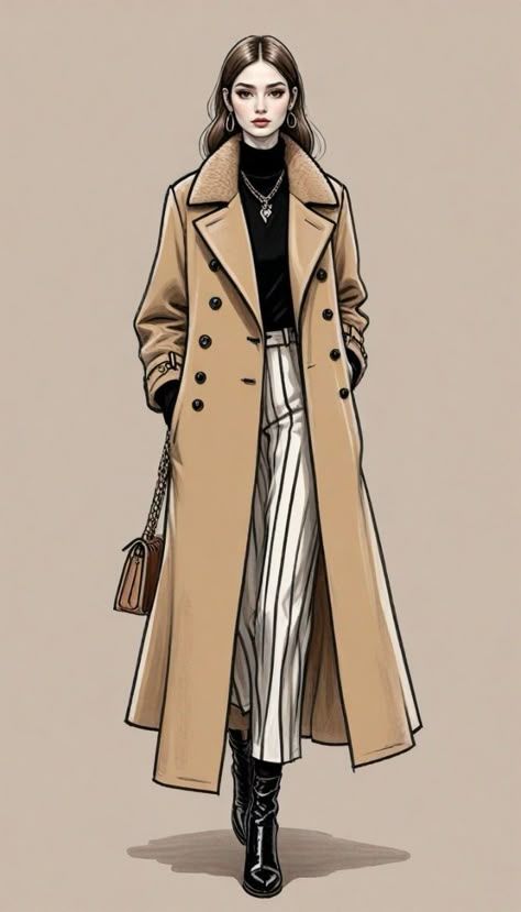 Long Coat Fashion Illustration, Coat Sketch Fashion Drawings, Coat Illustration Fashion, Fashion Outfits Drawing Ideas, Fashion Model Sketch, Sketches Drawing, Fashion Illustration Tutorial, Fashion Illustration Collage, Fashion Figure Drawing