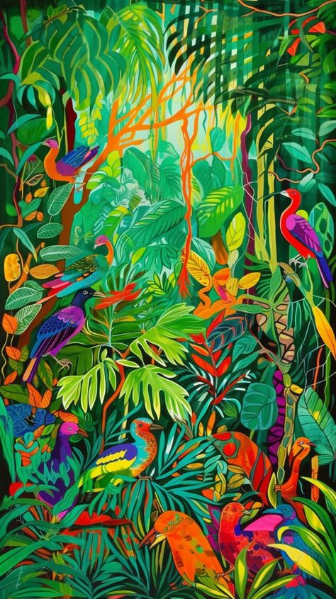 Transform your phone into a tropical oasis with this vibrant and colorful acrylic painting of a lush jungle. Featuring bold brushstrokes and vivid colors, this stunning artwork captures the beauty and majesty of nature in all its glory. Perfect for nature lovers who want to bring a touch of the outdoors with them wherever they go. Download this gorgeous painting as a wallpaper for your cellphone and enjoy the beauty of the jungle every time you use your phone. Jungle Acrylic Painting, Tropical Illustration Graphics, Jungle Painting Acrylic, Jungle Art Tropical, Tropical Jungle Illustration, Rainforest Painting, Jungle Artwork, Rainforest Art, Jungle Pictures