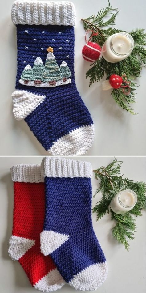 Crochet Cat Stocking, Landscape Applique, Crochet Stocking Pattern Free, Christmas Stocking Pattern Free, Stocking Pattern Free, Crochet Decorations, Crochet Christmas Stocking Pattern, Mini Christmas Stockings, Amigurumi For Beginners