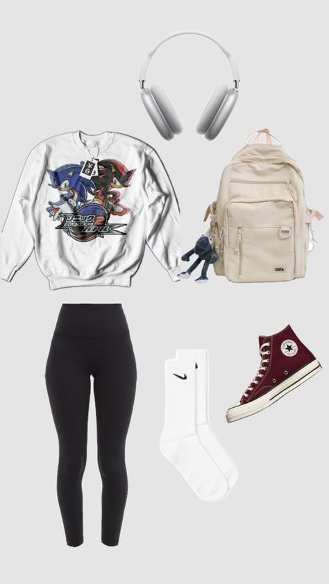 #sonic #backpack #leggings #headphones #music #nikesocks #nike #socks #redconverse #red #converse #comfy #basic #schooloutfit #school #outift #outfitinspo #outfit #inspo Outfits With Headphones, Outfits With Nike Socks, Sonic Backpack, Headphones Music, Red Converse, Nike Socks, School Outfit, Sonic, Headphones