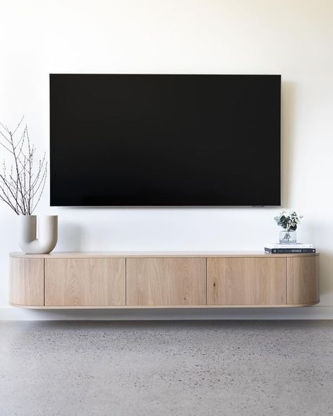 Floating Credenza Under Tv, Tv Mounted On The Wall In Living Room, Hallway Buffet, Floating Credenza, Tv Console Decorating, Tv On Wall, Wall Mounted Tv Console, Floating Media Console, Living Room Credenza