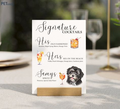 Dog Signature His and Hers Drinks Wedding Bar Sign - a custom cocktail menu adorned with your pet's portrait and name, offering over 200 beverages + your custom menu tailored to your celebration ✨GET YOUR PROOF & ENJOY UNLIMITED REVISIONS BEFORE PRODUCTION (excluding photo changes after your design was made)✨ ❤️LET US CREATE SOMETHING TRULY SPECIAL FOR YOU ❤️ ❕PLEASE FOLLOW THE GUIDELINES PROVIDED IN OUR PHOTO GUIDE BELOW❕ 👀LOOKING FOR MORE DRINK SIGNS + WEDDING + PARTY PRODUCTS? ➡️ https://ets Wedding Specialty Cocktails Sign, Wedding Drink Menu Sign Dog, Cocktail Menu For Wedding, Signature Cocktails Wedding Sign, His Hers Drinks Wedding, His And Her Drinks Wedding Bar Signs, Dog Cocktail Wedding, Dog Signature Drink Wedding, His And Her Drinks Wedding