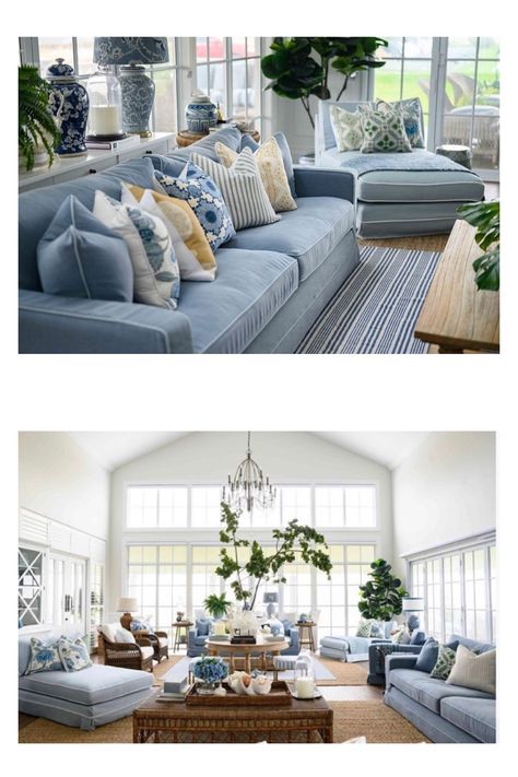 Modern Coastal Lounge Room, Molmic Sofa, Hamptons Style Decor Living Rooms, Hamptons Sofa, Modern Chalet Interior, Slip Cover Sofa, Hampton Interior, Coastal Styling, Light Blue Sofa