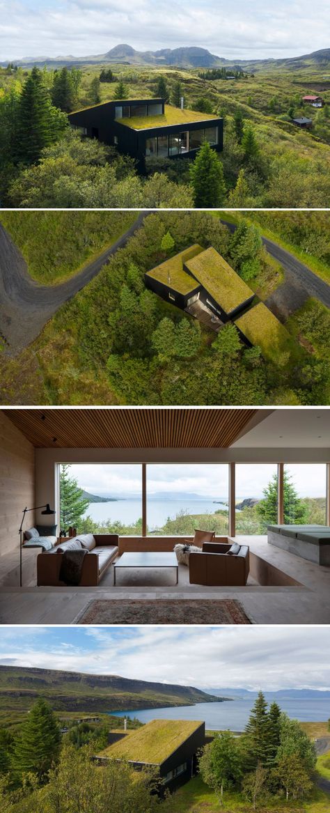 Thingvallavatn House by KRADS is built with a green roof, large glass windows to blend in the hillside and offer expansive views of the lake Thingvallavatn Houses That Blend In With Nature, House On A Slope Ideas, Slope House Design Architecture, Grass Roof House, Hill House Architecture, Turf Roof House, Sod Roof House, Green Roof Architecture, House In Hill