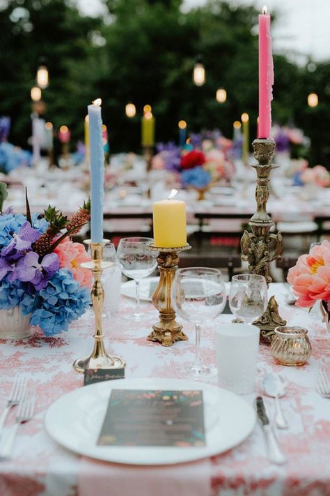 Colourful Flowers And Candles, Candlestick Centerpiece, Wedding Themes Spring, Eclectic Wedding, Deco Floral, Wedding Tablescapes, Wedding Mood Board, Festival Wedding, Wedding Mood