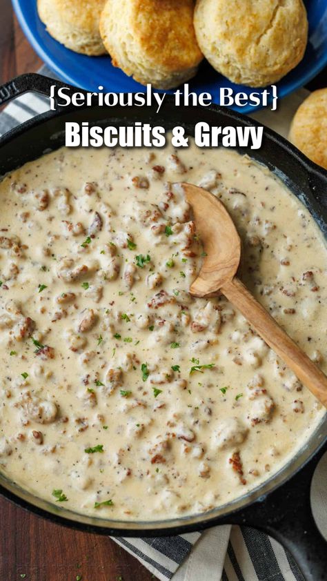 Our easy homemade Biscuits and Gravy Recipe is true to the classic Southern breakfast of creamy sausage gravy over flaky, buttery biscuits. It’s simple to make and so satisfying. Homemade Biscuits And Gravy, Biscuits And Gravy Recipe, Homemade Gravy For Biscuits, Best Biscuits And Gravy, Easy Gravy Recipe, Easy Homemade Biscuits, Sausage Gravy And Biscuits, Sausage Gravy Recipe, Southern Breakfast