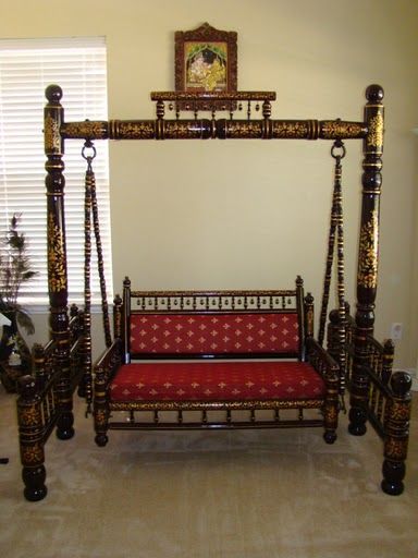 Ethnic Indian Decor: An Indian Home in Plano Texas Balcony Jhula, Maroon Furniture, Ethnic Furniture, Indian Living Rooms, Indoor Swing, Wooden Swing, Chair Wood, Wooden Swings, Wooden Ceilings