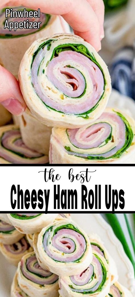 Close up of a cheesy ham roll up being held in the air on top of a pile on a plate. Tortilla Roll Ups Appetizers, Ham And Cheese Tortilla, Ham Appetizers, Appetizer Wraps, Ham Roll Ups, Cheese Roll Ups, Ham And Cheese Roll Ups, Ham Rolls, Ham Wraps