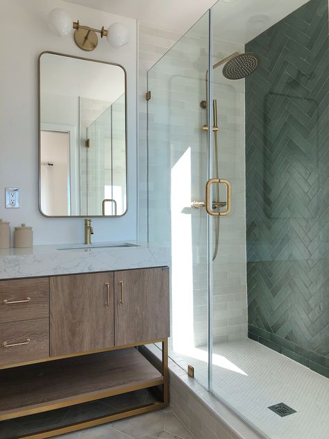 Green Shower Tile, Green Tile Bathroom, Bedrosians Tile, Shoji White, Matte Ceramic, Bad Inspiration, Downstairs Bathroom, Bathroom Inspiration Decor, Basement Bathroom