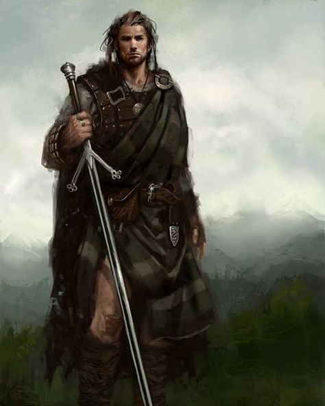 Fionn mac Cumhaill, also known as Finn McCool or Finn MacCool , was an Irish folk hero, who led the a band of hunter-warriors called the Fianna. Finn was the posthumous son of Cumhall, leader of the Fianna by Muirne. Cumhall abducted Muirne after her father refused him her hand, so Tadg appealed to the high king Conn, who outlawed Cumhall. The Battle of Cnucha was fought between Conn and Cumhall, and Cumhall was killed by Goll mac Morna, who took over leadership of the Fianna. Muirne was ... Highlands Warrior, Scottish Warrior, Celtic Warriors, Roleplay Characters, Fantasy Armor, Fantasy Warrior, Arte Fantasy, Fantasy Rpg, Fantasy Inspiration