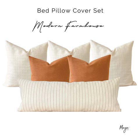 Orange And White Pillows, Burnt Orange Throw Pillows, Neutral Bedding Sets, Burnt Orange Throw, Burnt Orange Decor, Burnt Orange Pillows, Bed Pillow Cover, Bed Pillow Covers, Cream Bedding