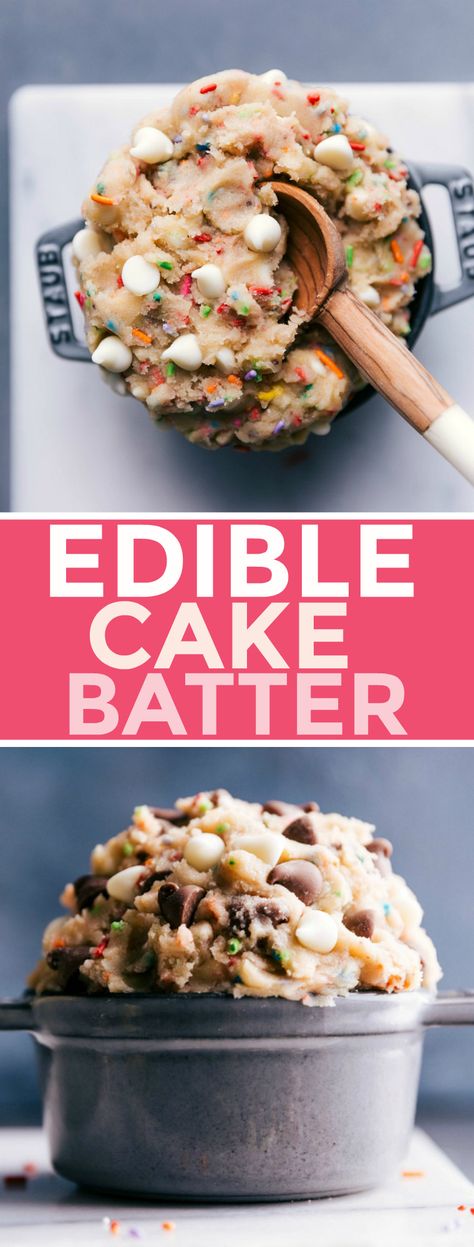 This edible cake batter is soft, sweet, and loaded with chocolate chunks and sprinkles! The batter does not contain any risk to foodborne illness as we leave out eggs and bake the flour & cake mix ensuring this batter is safe to consume. #cookiedough #recipe #howtomake #diy #dip #easy #dough #balls #homemade #fromscratch #cookiedoughrecipe #edible #cake #batter Edible Batter, Edible Cake Batter For One, Cake Batter Recipes Boxes, Edible Cake Batter Recipe, Edible Cake Batter, Cake Batter Cookie Dough, Edible Brownie Batter Recipe For One, Brownie Batter Recipe Edible, Edible Vanilla Cake Batter