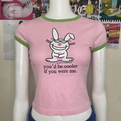 y2k happy bunny baby tee! super cute pink and green... - Depop Happy Bunny Aesthetic, Happy Bunny Shirt, Pinterest Wishlist, Jazmine Dubois, Real Y2k, Wattpad Outfits, Baby Tee Outfit, American Teenager, 2000s Baby