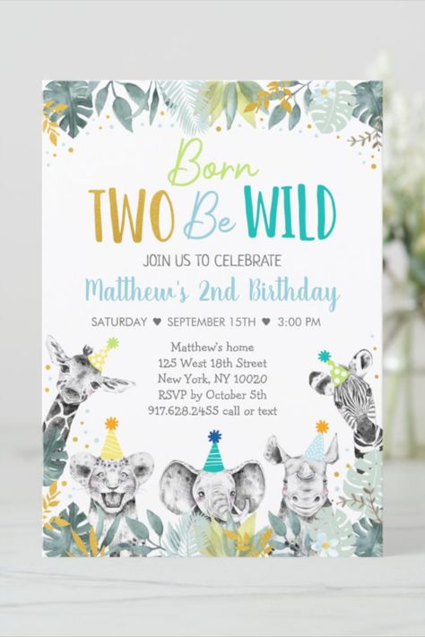 Born Two Be Wild Blue Gold Party Animal Birthday Invitation
This cute birthday invitation features watercolor safari animals with faux gold foil laves and confetti! #safari #birthday #happybirthday #birthdaycards #birthdayparty #zoo #2ndbirthday #animal Blue Gold Party, Born Two Be Wild, Party Animal Birthday, Animal Birthday Invitation, Two Wild, Jungle Birthday, Safari Birthday, Safari Party, Party Animal