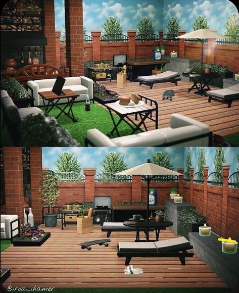 Acnh Patio Design, A Home With A Terrace Acnh, Animal Crossing Patio Design, Acnh Home Design Ideas, A Relaxing Summer Home Acnh, Acnh Patio Ideas, Animal Crossing Backyard Ideas, Patio Animal Crossing, Acnh Art Room