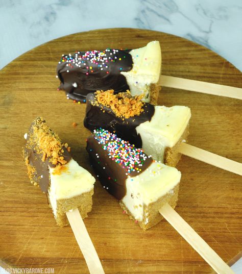 Chocolate Covered Cheesecake on a Stick - Vicky Barone Cheesecake On A Stick Recipe, Cheesecake On A Stick, Frozen Key Lime Pie, Chocolate Covered Cheesecake, Plain Cheesecake, Frozen Cheesecake, Valentines Baking, Dessert Places, Chocolate Sticks