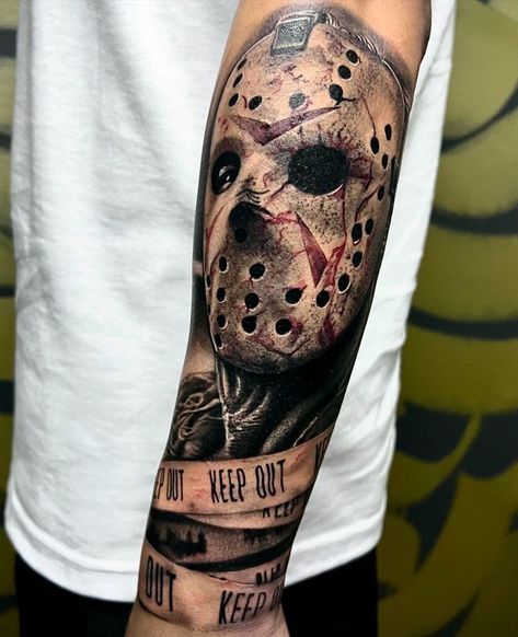 Cool Halloween Tattoos, Horror Leg Tattoo, Friday The 13th Tattoo Jason, Jason Tattoo Design, Freddy Vs Jason Tattoo, 13 Ghosts Tattoo, Jason Tattoo Friday The 13th, Jason Voorhees Tattoo Designs, Slasher Tattoo