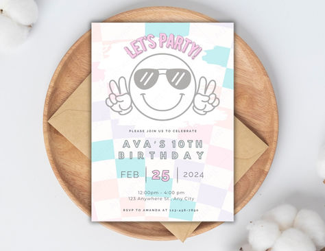 Smiley Face/Checkered Girl Birthday Invitation, Let's Party Birthday 5x7, Text/Email Template Preppy Birthday, Email Template, Birthday Invitations Girl, Happy Girl, Girl Birthday Party, Email Templates, 10th Birthday, 8th Birthday, 5th Birthday