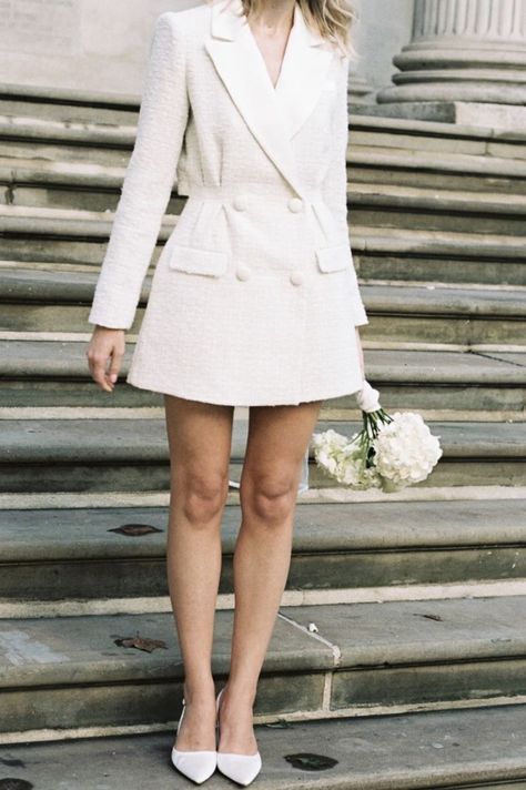 Modern Short Wedding Dress Classy, White Blazer Dress Wedding, Courthouse Wedding Outfits, Blazer Dress Wedding, Tweed Wedding Dress, Casual Wedding Dress Courthouse, Casual Courthouse Wedding Outfit, Court House Wedding Outfit, City Hall Wedding Outfit