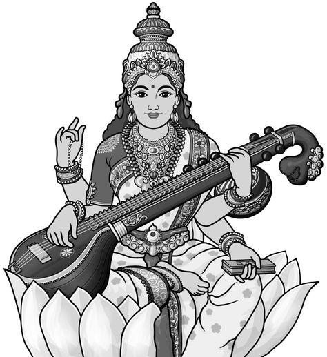 Saraswati veena Saraswati Goddess Sketch, Saraswati Goddess Paintings Sketch, Saraswati Sketch, Saraswati Mata Drawing, Lord Saraswati, Goddess Of Music, Saraswati Picture, Saraswati Painting, Saraswati Mata