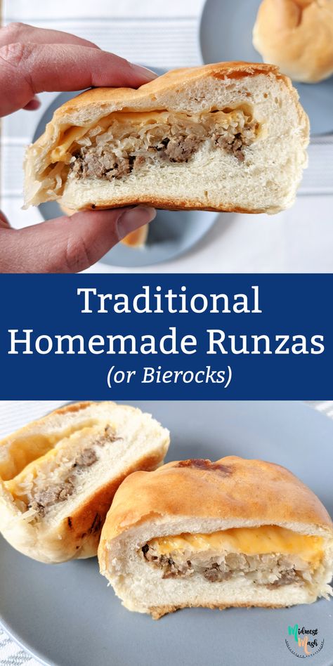 Traditional Homemade Runzas (or Bierocks) | Midwest Mash Homemade Runza Recipe, Runzas With Rhodes Rolls, Runza Dough Recipe, Homemade Runzas, Runza Recipe, Bierocks Recipe, Amish Recipes, Fast Food Chains, Bread Recipes Homemade