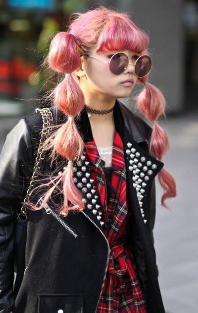 pink hair, cute puffy twin ponytails - Japanese fashion                                                                                                                                                     More Viking Outfit, Drawing Outfits, Punk Mode, Mode Harajuku, Sketches Ideas, Estilo Harajuku, 일본 패션, Harajuku Girls, Kawaii Hairstyles