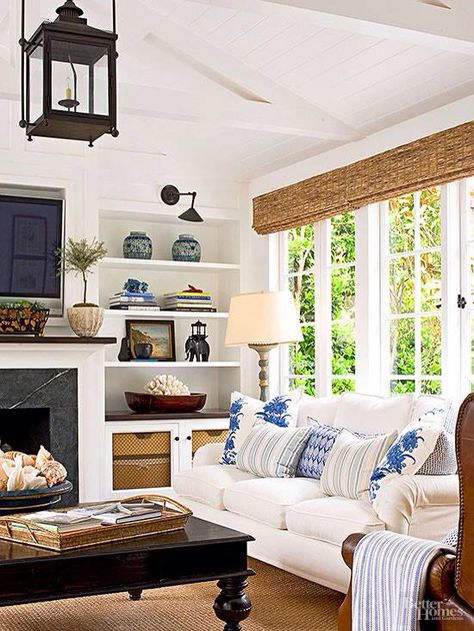 Traditional Living - like the bookcase styling with the lights over them; sofa inspiration! Built In Around Fireplace, French Country Decorating Living Room, Coastal Decorating Living Room, Furnitur Ruang Keluarga, French Country Living Room, Casa Country, Flat Screen Tv, Black Living Room, Coastal Living Rooms