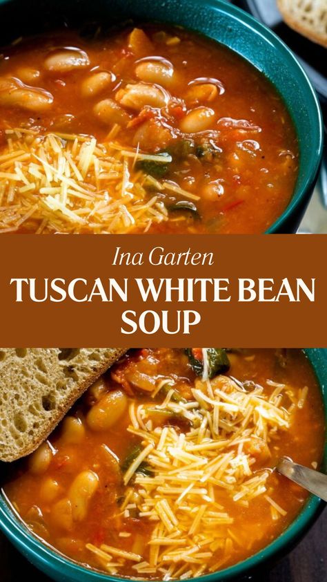 Ina Garten Tuscan White Bean Soup Ina Garten Tuscan Soup, Garlic Bean Soup, Tuscan White Bean Soup Ina Garten, Ina Garten Tuscan White Bean Soup, Ina Garten Soup Recipes, Cannellini Bean Recipes, Tuscan Chicken Soup, Garlic Rosemary Chicken, Tuscan White Bean Soup