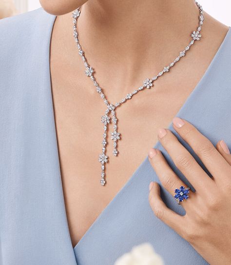 Forget-Me Not Sapphire and Diamond Earrings | Harry Winston Harry Winston Necklace Simple, Harry Winston Jewelry Necklaces, Diamond Earrings Harry Winston, Harry Winston Diamond Necklace, Harry Winston Necklace, Long Diamond Necklace, Diamond Lariat Necklace, Concept Jewelry, Harry Winston Jewelry