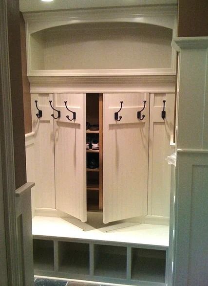 Mudrooms That Will Inspire You - The Cameron Team Laundry Entryway Mudroom, Mud Room With Refrigerator, Mudroom Farmhouse Ideas, Small Mudroom Cabinets, Mud Room Ideas Entryway Farmhouse, Home Drop Zone Ideas, Coat Closet Turned Mudroom, Hall Closet To Mudroom Convert, Laundry Room Mudroom Ideas