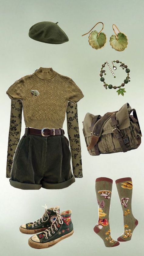 #outfit #outfitinspo #aesthetic #goblincore #goblincoreoutfit #jewelry #funnysocks Kid Core Outfits, Goblincore Aesthetic Outfits, Goblincore Fashion, Cottagecore Clothes, Earthy Outfits, Lovely Clothes, Retro Outfits, Grunge Outfits, Aesthetic Clothes