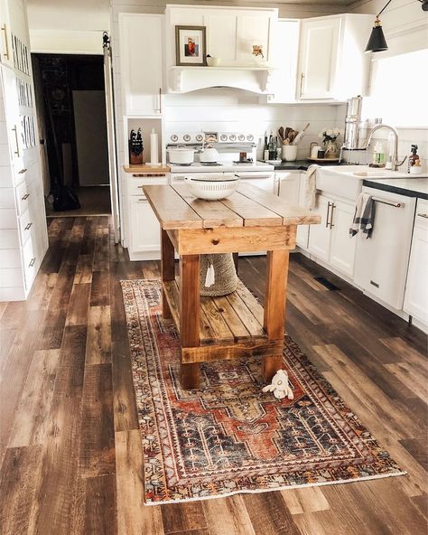 Moved my Turkish rug under the island instead of beside it and I’m loving it. I think it makes the kitchen look/feel bigger if that’s even… Small Portable Kitchen Island, Butcher Block Backsplash, Kitchen Table Rug, Small Kitchen Island Ideas, Portable Kitchen Island, Kitchen Island Ideas, Small Kitchen Island, Portable Kitchen, Shower Floor Tile