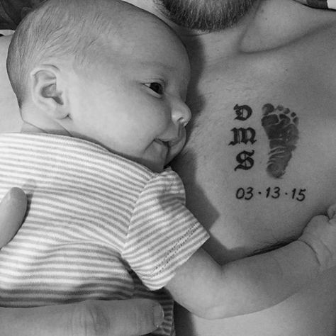 Footprint Tattoo Ideas For Men, Baby Footprint Tattoo For Dad, Newborn Footprint Tattoo Ideas, Newborn Tattoo Ideas Father, New Baby Tattoo Ideas, Left Chest Tattoo Men, Family Tattoo Ideas For Men, Baby Tattoos For Dads, First Born Tattoo Ideas Sons