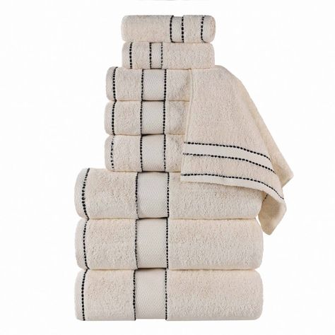 Revamp your bathroom style with the hotel-quality comforts of the Cotton Diamond Dobby Border Ultra-Plush 9 Piece Towel Set by Blue Nile Mills. Our Egypt Produced Giza Cotton towels feature impressive absorbency, a smooth texture, and silky feel for a luxury spa-like experience at home. The product material is 50% Giza, 50% Cotton. The heavyweight thickness of each towel is durable and perfect for the bath, poolside, or at the beach. For a refined finish, each piece in this bundle features an el Transitional Bathroom Decor, Spa Luxe, Pampering Routine, Egyptian Cotton Towels, Platinum Grey, Spa Inspiration, Luxury Towels, Hotel Style, Luxury Spa