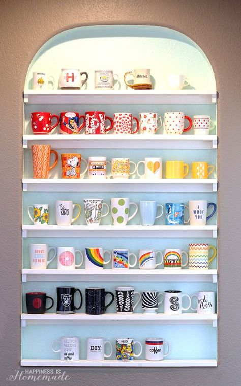 Coffee Mug Shelves | Extra Space Storage Ideas | Make Your Space Work For You Alcove Kitchen, Collection Display Shelves, Diy Display Shelf, Coffee Mug Storage, Coffee Cup Storage, Coffee Mug Display, Mug Storage, Coffee Mug Holder, Mug Display