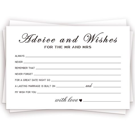 PRICES MAY VARY. SUPERIOR QUALITY: Premium quality materials. High-quality Wedding decoration wish cards printed on heavyweight matte card stock. PREMIUM CARDS: 50-Packs 4x6 wedding advice cards made with thick, heavy 14pt (140lb/300gsm) card stock. Smooth, matte, easy to write on, and won't bleed through. TARGET: Great additions to the bridal shower or bachelorette party game. Wedding party favor. CONTAIN: This wedding favors for guests bulk gives The New Couples the best advice and leaves a go Bridal Advice, Wedding Budget Planner, Wedding Advice Cards, Couple Wedding Shower, Reception Table Decorations, School Supply Labels, Word Of Advice, Advice Cards, Wedding Guest Book Alternatives