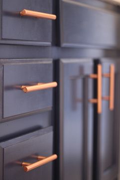 Gray Bathroom Navy Cabinets Copper Hardware Pulls Bathroom Navy, Navy Kitchen Cabinets, Building Kitchen, Draw Handles, Navy Cabinets, Navy Bathroom, Cabinet Inspiration, Gold Ideas, Navy Kitchen