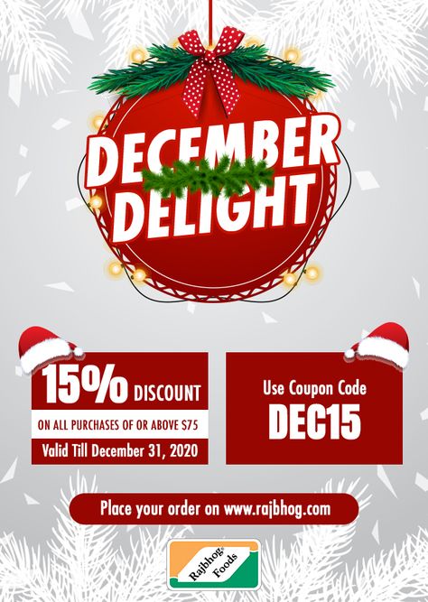 It’s a special #Christmas #offer! Add items worth $75 or more in your cart at www.rajbhog.com and use the code DEC15 to avail a 15% discount. *Offer valid till December 31, 2020. Shop now! #RajbhogFoods Christmas Offers Poster, Christmas Offer Poster Design, Christmas Offer Poster, Offers Poster, Offer Poster Design, Offer Poster, Digital Advertising Design, Christmas Offer, Christmas Offers